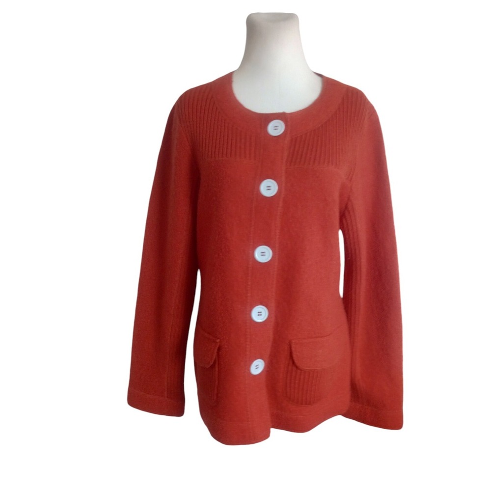 Laura Ashley Sz M Pumpkin Orange Button Cardigan 100% Wool Shacket Blazer Retro